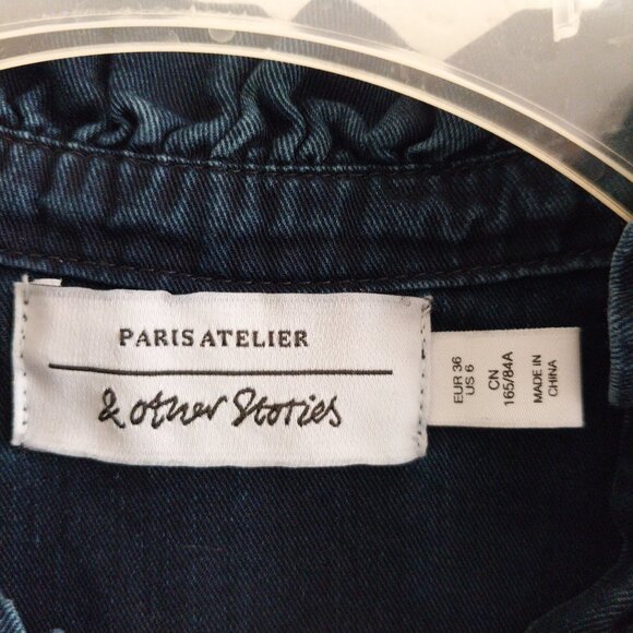 & Other Stories Denim Button Down Ruffle Shirt Top Like New Size 6 Dark Wash - Picture 6 of 9